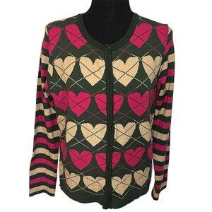 Vintage Patachou Brazil Heart Argyle Cardigan Sweater Sz L Valentine Snap Button